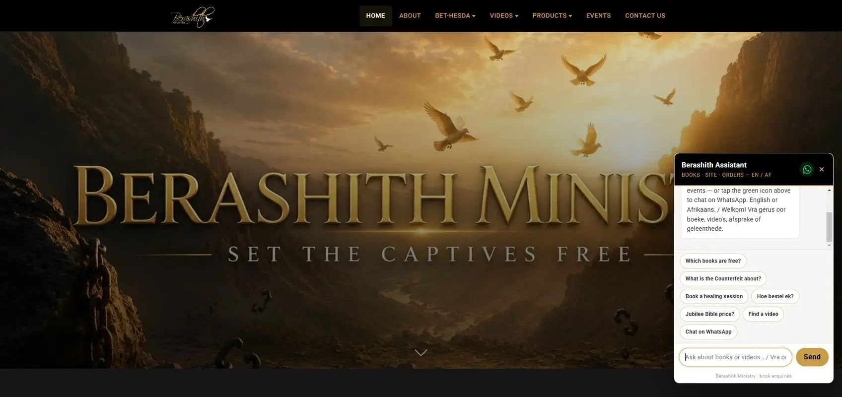 Screenshot of the Berashith Ministry website with its AI chat assistant open